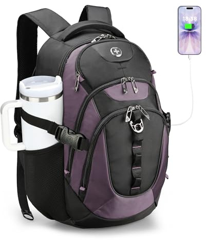 Swissdigital Design Laptop Backpack with USB Charging Port, Travel Backpack Fits 15.6 inches Computer, 31L College School Backpack for Women, Light Purple/Black | SD803-85