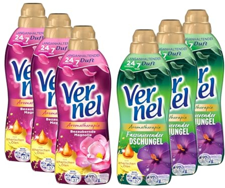 Vernel Weichspüler 6er Bundle – 3x Bezaubernde Magnolie & 3x Faszinierender Dschungel (je 37 Waschladungen) – Aromatherapie mit ätherischen Ölen & 24/7 Frische