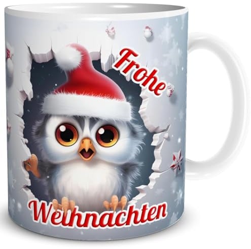 TRIOSK Weihnachtstasse 3D Illusion Eule mit Spruch Frohe Weihnachten - Lustiges Becher-Durchbruch Geschenk für Eulenliebhaber, Frauen, Männer & Kollegen - Keramik-Tasse 300 ml