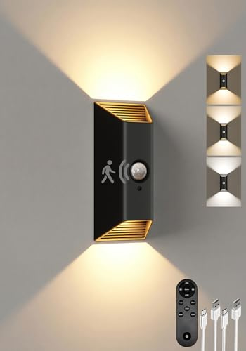 EZVALO Akku Wandleuchte Innen mit Bewegungssensor, 4000mAh Akku Wandlampe mit Fernbedienung, 3 Farben, Timer-Funktion, Wandlicht Up and Down, Aufladbare LED Wandleuchte für Treppe, Flur (1 Stück)
