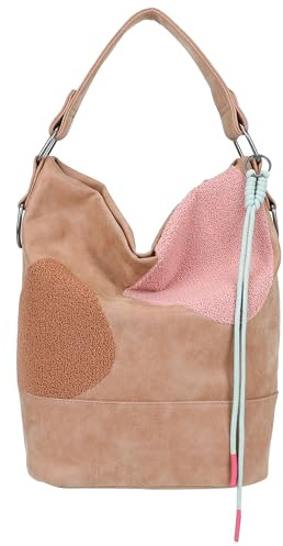 Fritzi Olga Limited Happy Flocked Hobo Handtasche Kunstleder Damen Umhängetasche Festival City vegan Flockdetails Kordelanhänger 37 x 27 x 17 cm – Braun, Pink, Grün, Beige