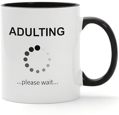 Adulting Loading Funny Coffee Mug - 11oz Ceramic Novelty Tea Cup - Relatable Birthday Gift for Men, Women, Mum, Dad - Witty Office Desk & Co-Worker Present - Sarcastic Morning Coffee Mug