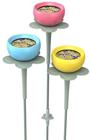 The Nuttery Pod Bird Seed, Suet Nugget and Mealworm Freestanding Bird Feeders - 3 Pack in Red, Blue & Yellow. Adjustable Stems for Robins and Small Birds. Easy to Fill and Clean. Excellent Drainage.