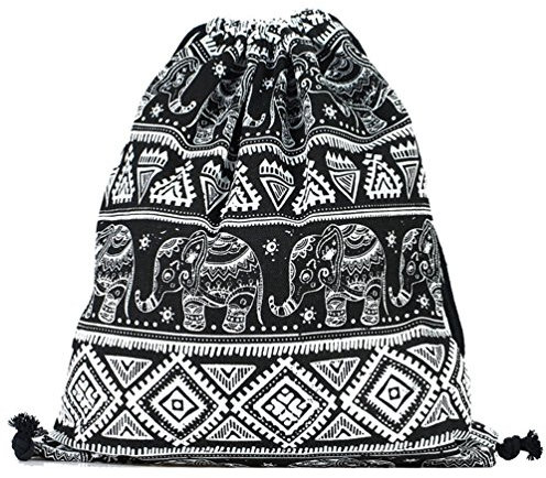 SAMGOO Segeltuch Sporttaschen Gym Sack Turnbeutel Sportbeutel, Geometrische Muster Elefant Beutel Tasche Tüte Rucksack Hipster für Reisen Sport (Schwarz)