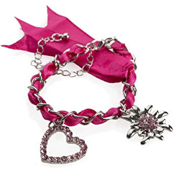 Trachten Armband Wiesn-Schweif - mit Herz und Edelweis Charm Anhänger - Armkette für Dirndl und Lederhose (Pink)
