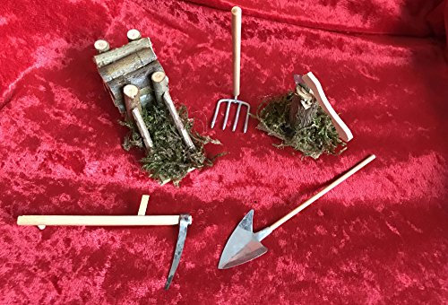 Krippen Zubehör, 5 teilig, Holzstoß, Axt mit Säge und 3 Werkzeuge für Figurengröße von 10-12 cm
