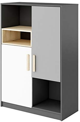 Mirjan24 Kommode Pok PO06 mit 7 Einlegeböden, Sideboard, Standschrank, Hohe Kommode, Mehrzweckschrank für Jugendzimmer, Highboard (Graphit/Buche Ibsen/Hellgrau/Weiß)