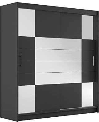 Furniture24 Kleiderschrank Aruba II 203 Schlafzimmer 2 Türiger Schwebetürenschrank Schrank mit Kleiderstange Graphite/Graphite Glas