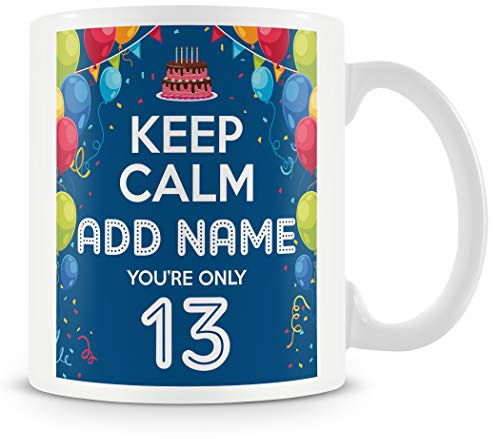 13th Birthday Gift for Boys - Personalised Mug/Cup - Add Name - Keep Calm Design - Blue