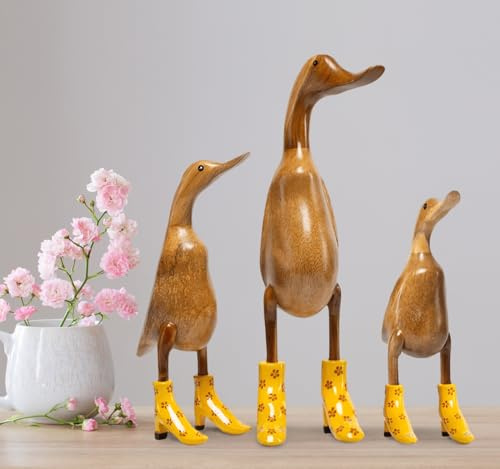 Rikmani - Holzfigur Ente Stiefel Absätze Gelb Geblümt - Handgefertigte Dekoration aus Holz Geschenk Figur 32 cm