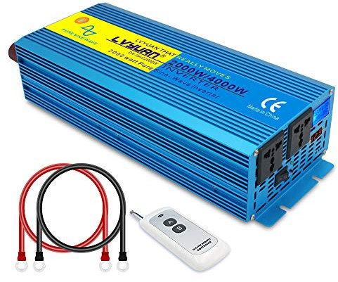 2000Watt Pure Sine Wave Inverter Peak Power 4000 Watt 12V DC to 230V/240V AC Converter - 2 universal AC Outlets & LCD display Power Inverter with wireless Remote Control Cantonape
