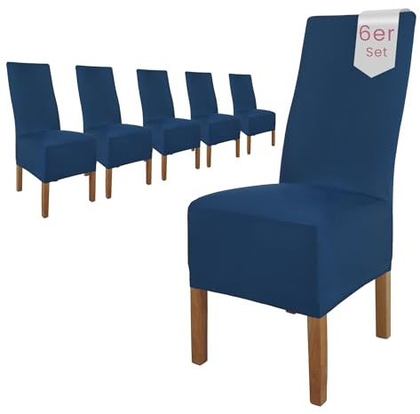 Scheffler Home Stuhlhussen 6er Set in Blau Stretch Lena | Elastische Stuhlbezüge, waschbar, bügelfrei und pflegeleicht, für Polsterstühle und Esszimmerstühle