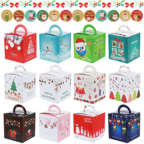 Annhao 12 Stück Weihnachten Geschenkboxen Mit Aufkleber, Schachtel Karton Mit Henkel zum Befüllen für Gebäcke, Kekse, Party Geschenke und Weihnachtsdeko
