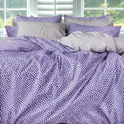 LERUUM Double Duvet Cover Set Cotton Summer Bedding Lilac Grey Polka Dot Print 200TC Percale Reversible Quilt Cover Bed Set (Double Bedding)