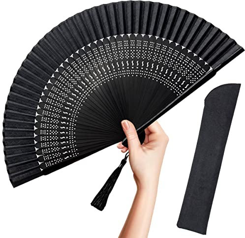 OMyTea Folding Hand Fan for Women - Foldable Chinese Japanese Vintage Bamboo Silk Fan - for Hot Flash, Church, EDM, Music Festival, Party, Dance, Performance, Decoration, Gift (Sexy Black)