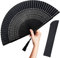 OMyTea Folding Hand Fan for Women - Foldable Chinese Japanese Vintage Bamboo Silk Fan - for Hot Flash, Church, EDM, Music Festival, Party, Dance, Performance, Decoration, Gift (Sexy Black)