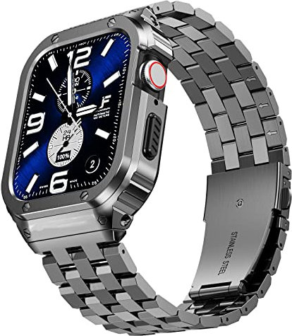 SUPLINK Funda de acero inoxidable con correa compatible con Apple Watch Series 9, 8, 7, 45 mm, cubierta protectora de metal resistente para iWatch para hombres (gris espacial)