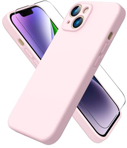 ACRONIX Cover Silicone Per iPhone 14(6.1),con 1 Pellicola Vetro TemPerato,Morbido Silicone Liquido Custodia Protezione Completa con Fodera in Microfibra,Ultra-Sottile Cover Per iPhone 14-Rosa