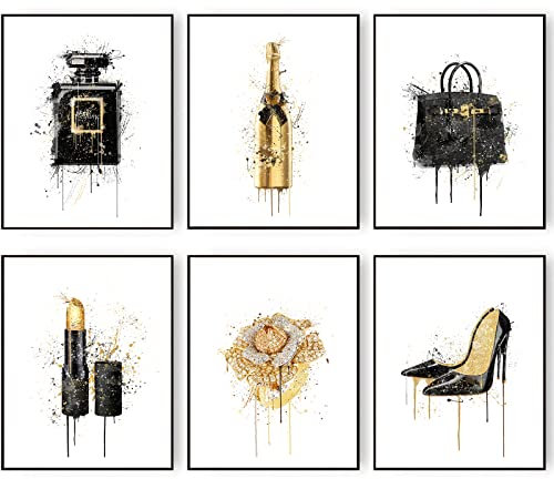 HOGEBIG Fashion Art Watercolour Splash Gold Champagne Black Perfume Bottle Lipstick High Heel Wall Art Prints Posters Girly Room Decor Bedroom Wall Decor (8x10 UNFRAMED)