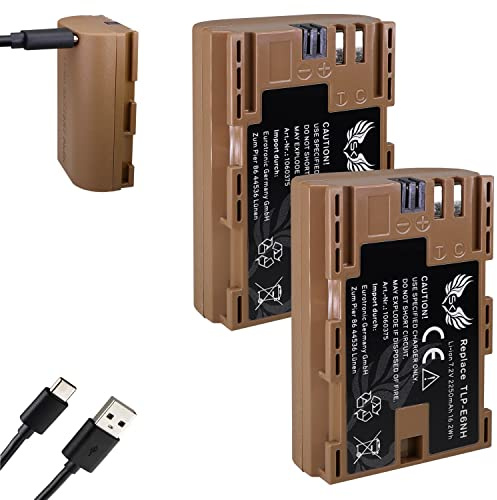 Lot de 2 batteries SK de rechange pour Canon LP-E6NH // 2250 mAh // LP-E6N LP-E6 avec port de charge USB Type-C, capteur NTC et boîtier V1 pour Canon EOS R R5 R6 R7 5D 7D 90D