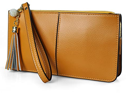 befen Pochette en cuir véritable pour femme, petite pochette pour femme avec dragonne, Marron caramel., Taille unique, Sac à main avec dragonne