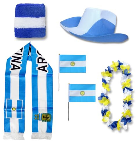 Sonia Originelli Fanset Fanartikel Fanhut Blumenkette Fanschal Schweißband Fähnchen WM EM Farbe: Argentinien