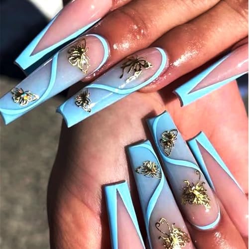 Brishow Blau Künstliche Nägel Lang French Nägel zum Aufkleben Press on Nails Gold Schmetterling Ballerina Acryl Fake Nails 24 Stück für Frauen und Mädchen