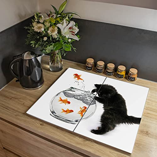 banjado® Herdabdeckplatte Glas 2-teilig 70x52 cm/Schneidebrett Herdabdeckung mit Motiv Katze Und Fisch/Herdabdeckplatten Ceranfeld 2teilig / Schneidebrett Glas individuell einsetzbar