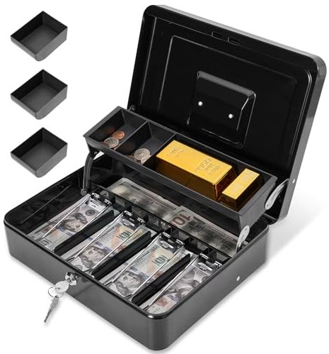 Polspag Geldkassette mit Schloss und 2 Schlüsseln, große Geldkassetten, Metall-Spardose mit Geldfach, Schloss-Safe, tragbare Geldschloss, 4 Geldscheinfächer, 5 Münzfächer, 30 x 24 x 8,9 cm (L x B x H)