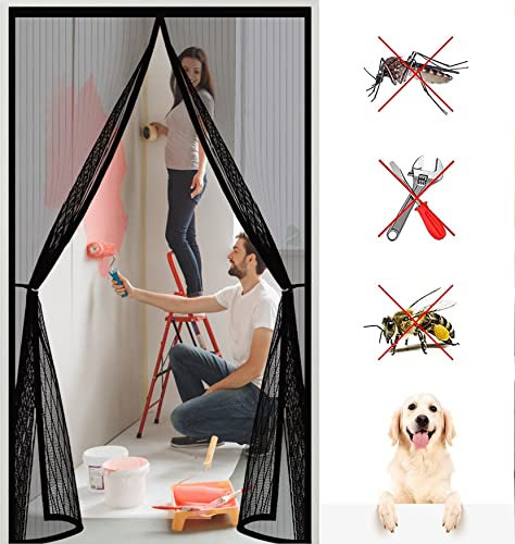 Moustiquaire Porte 240 x 195 cm Anti Insecte,Pliable,Fermeture Automatique Moustiquaire Store Enroulable Kit d'installation Complet Pour Porte Fenetre, Noir