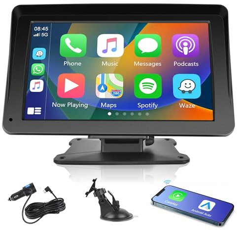 Rimoody Wireless Carplay & Android Auto Autoradio Portable, 7 Zoll Touchscreen Tragbares Autoradio mit Airplay/Android Mirror Link/Bluetooth/FM Transmitter/Commande Vocale/AUX/USB/TF 7V-32V