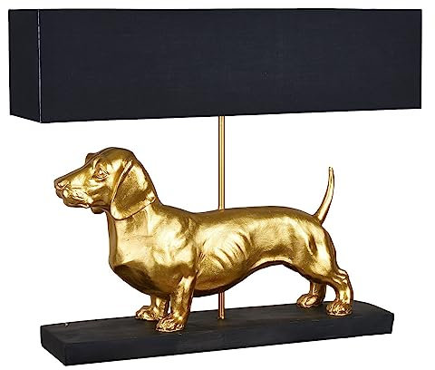 PALAZZO INT Tischlampe „Villa Dachshund“ – Dackel Lampe in Gold mit Stoffschirm | Design-Tischleuchte mit Hundefigur | Handbemalt | E27-Fassung max. 60W | 60 cm breit