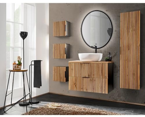 Lomadox Badezimmer Komplett Set 6-teilig Waschtisch Unterschrank 80 cm Keramik Waschbecken Spiegel Hängeschrank Hochschrank anthrazit Eiche Nb. schwarz gerillt