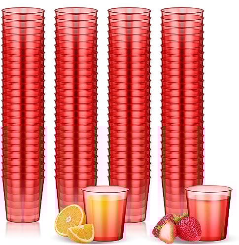 Tioncy 100 Packs 1 oz Neon Plastic Shot Glasses Disposable Drinking Cups, Colored Party Shot Cups for Cocktail Whiskey Party Cups for Picnics Birthday Party Halloween Christmas Day (Red)