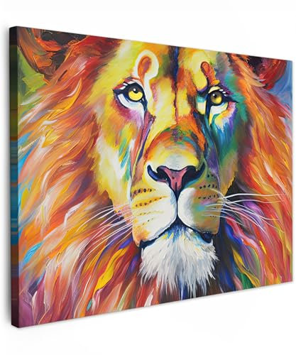 MuchoWow© Leinwand Bilder 40x30 cm Wanddeko Wohnzimmer Aesthetic Room Decor Deko Zimmer Wandbilder Modern Fotogeschenke Kunstdruck - Bunt - Löwe - Öl - Kunst - Tiere