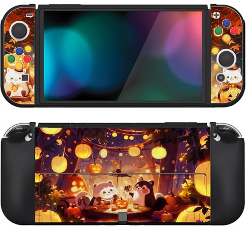 PlayVital ZealProtect Schutzhülle für Nintendo Switch OLED Konsole Joy Con, Case Hülle Cover Zubehör für Nintendo Switch OLED mit Sticks Kappen&ABXY Richtungstastenkappen(Halloween Pumpkin Fest)