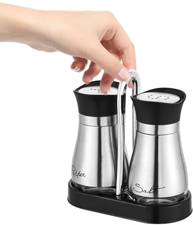 2 Pcs Salt Pepper Shakers Set - Salt Dispenser with Holder, Stainless Steel and Glass Container, Refillable Condiment Pots for Kitchen and Barbecue, Stainless Steel Silver