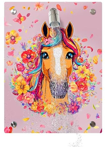 Fredis Kinder Dusche mit Motiv Pferd, Flexible Duschwand mit Duschkopf, 2 verschiedene Strahlarten, Montage ohne Bohren