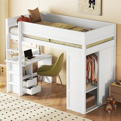 Platzsparendes Hochbett für Kinder 90x200, Etagenbett Stockbett Kinderhochbett Bunker Bed mit Kleiderschrank, Schreibtisch, Schubladen, Leiter und hohem Geländer, Holzbett für Jungen&Mädchen, Weiß