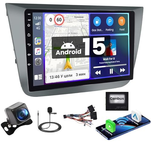 Hikity 2+64G Autoradio per Seat Altea 2004-2016 con CarPlay Android Auto | 9 pollici Radio Android 15 con Bluetooth FM/RDS GPS WiFi Mirror Link EQ SWC Navi microfono telecamera di retromarcia