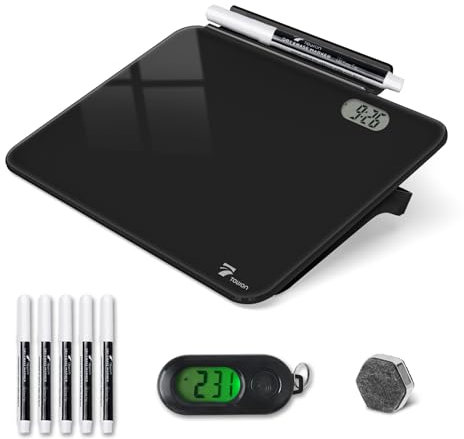 TOWON Small White Board for Desk with Clock, Small Desktop Whiteboard Glass with Pen Holder, Time Reminder Dry Erase Board, Whiteboard for Desk, Digital LCD Display, for Home Office, Black, 20x15 cm
