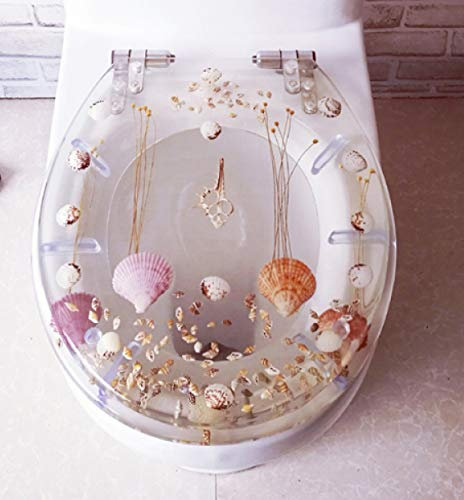 WC-Sitzbezug mit Muscheln, echten Blumen und Sanden, Kunstharz, Absenkautomatik, 3D-Effekte, robuste Badezimmer-Dekoration, mit Befestigungsmaterial oben