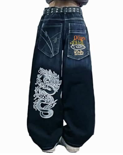 OATSBAS Y2K Hip-Hop-Jeans, Unisex, Gothic, lässig, locker, Oversize, Streetwear, Bedruckt, Buchstaben, Grafiken, Retro