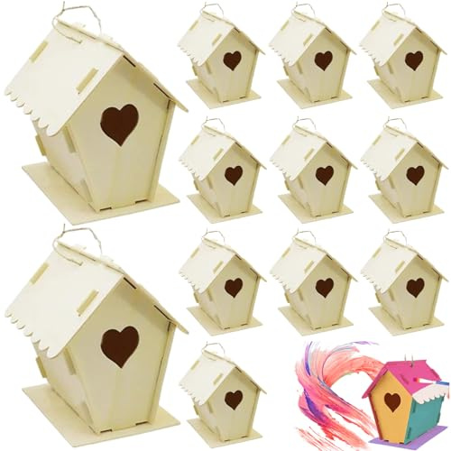 12Pcs Bird House Kit DIY Unpainted Wooden Bird Houses Heart & Fence Birdhouse with Hanging Hook 4x4.3x5.5 Small Bird Houses for Adults Kids to Build Wooden Bird Houses Hanging Bird House Birdhouse Bi
