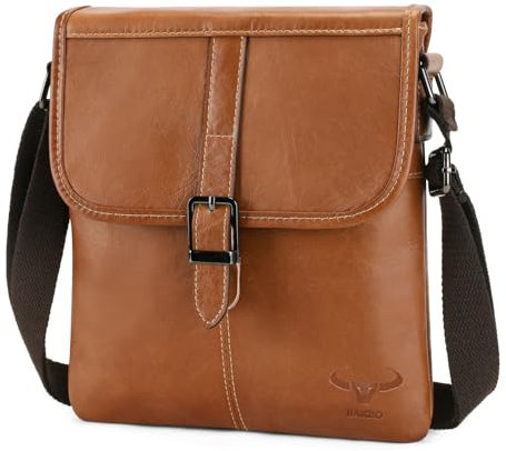 BAIGIO Men's Genuine Leather Shoulder Bag Small Crossbody Satchel Messenger Business Bag Water-resistant Sling Bags for Ipad 10.5 Inch Casual Festival Travel Work School Brown