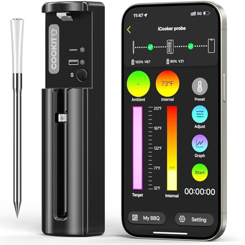 800FT Smart Wireless Meat Thermometer with 5.5mm Ultra-Thin Probe, Bluetooth 5.3 Digital Food Thermometer for Grill Kitchen BBQ Smoker Oven (White)