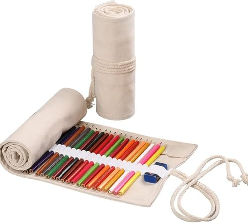 Opemg Federmäppchen mit großem Fassungsvermögen, Leinen, zum Aufrollen, 12 Fächer, Bleistiftetui, Rollenhalter für Buntstifte, natürliche Farbe, Stifte und Marker, Weiß