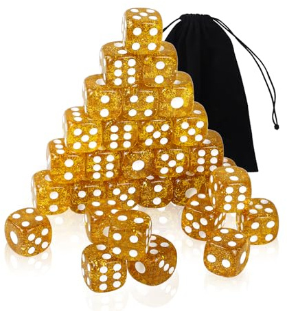 50 Stück D6 Dice Transparente Würfelset, 16mm Acryl Würfel in Glitter Gold | 6-Seitiges Bunt Würfel Set mit abgerundeten Ecken, Standard Würfel mit Taschen für Spiel, Party, Poker, Teaching Math