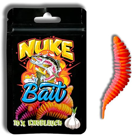 Nuke Bait - Forellen/Barschköder - Twister mit Aroma - 5 STK. - Das Original - Barsch Köder, Gummiköder mit Lockstoff, Angelköder, Raubfisch (Knoblauch, Orange/Pink, 6cm)