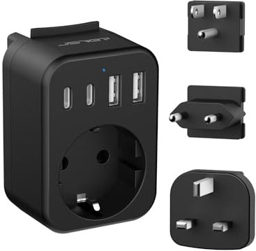 JSVER Adattatore da Viaggio Internazionale,Adattatore da Viaggio Universale con 4 Porte(2 USB-C e 2 USB-A),Adattatore da Viaggio Tipo C/G/B per USA/Messico/Europa/Regno Unito/Hong Kong (Nero)